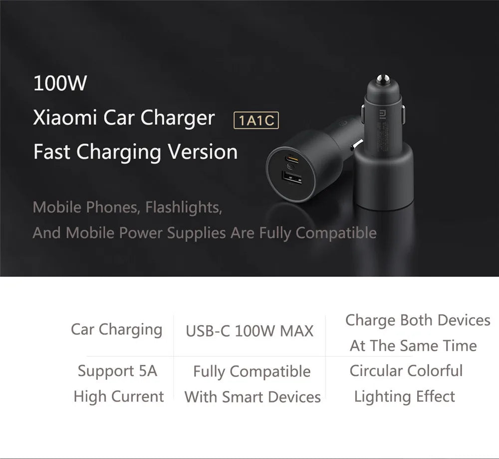 Xiaomi Mi Car Charger 100W  MAX 1A1C Fast Charging Dual-port USB-A USB-C Smart Device Fully Compatible With Light Effect Display