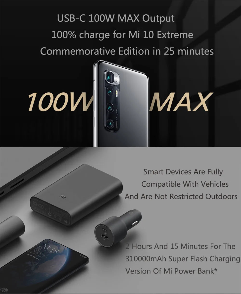 Xiaomi Mi Car Charger 100W  MAX 1A1C Fast Charging Dual-port USB-A USB-C Smart Device Fully Compatible With Light Effect Display