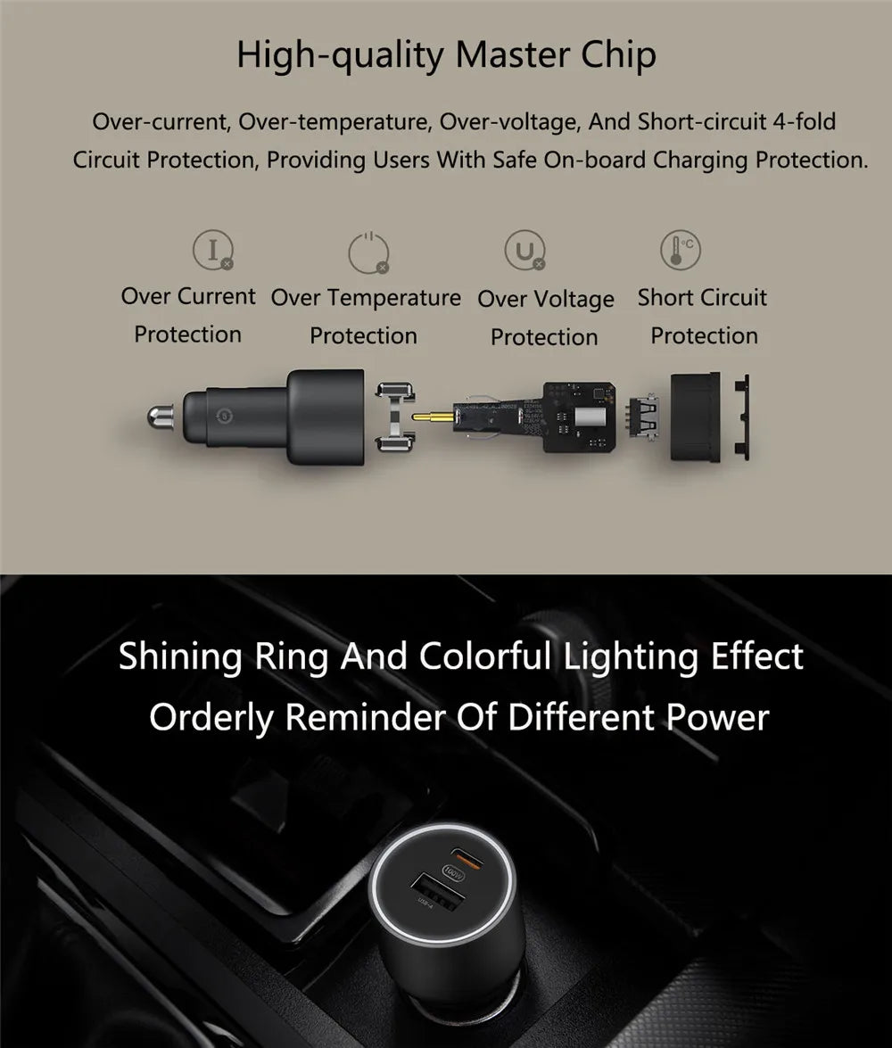 Xiaomi Mi Car Charger 100W  MAX 1A1C Fast Charging Dual-port USB-A USB-C Smart Device Fully Compatible With Light Effect Display