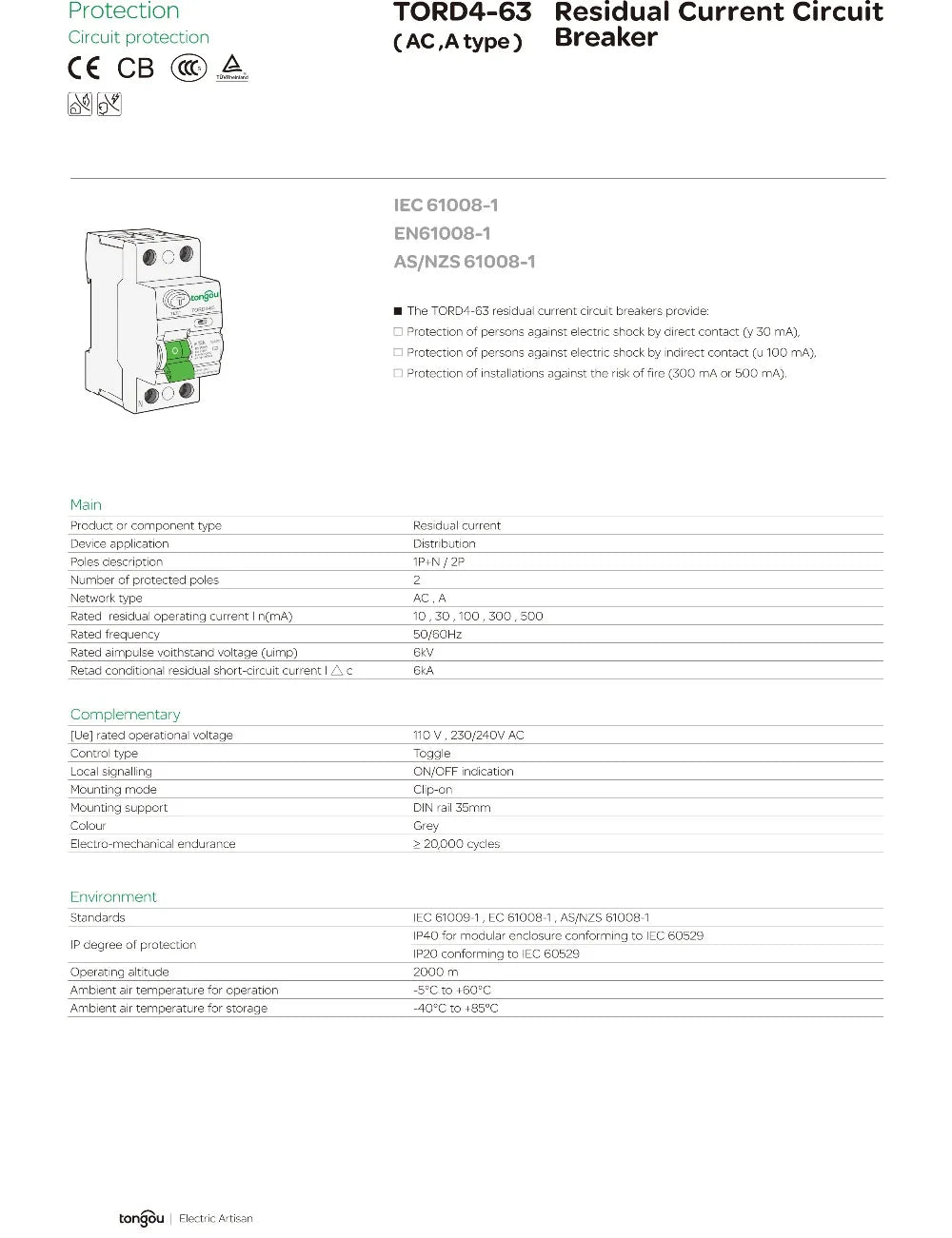 AC Type RCCB Electromagnetic Residual Current Circuit Breaker AC ELCB 2 Pole 16A 25A 40A 63A RCD 30mA TONGOU