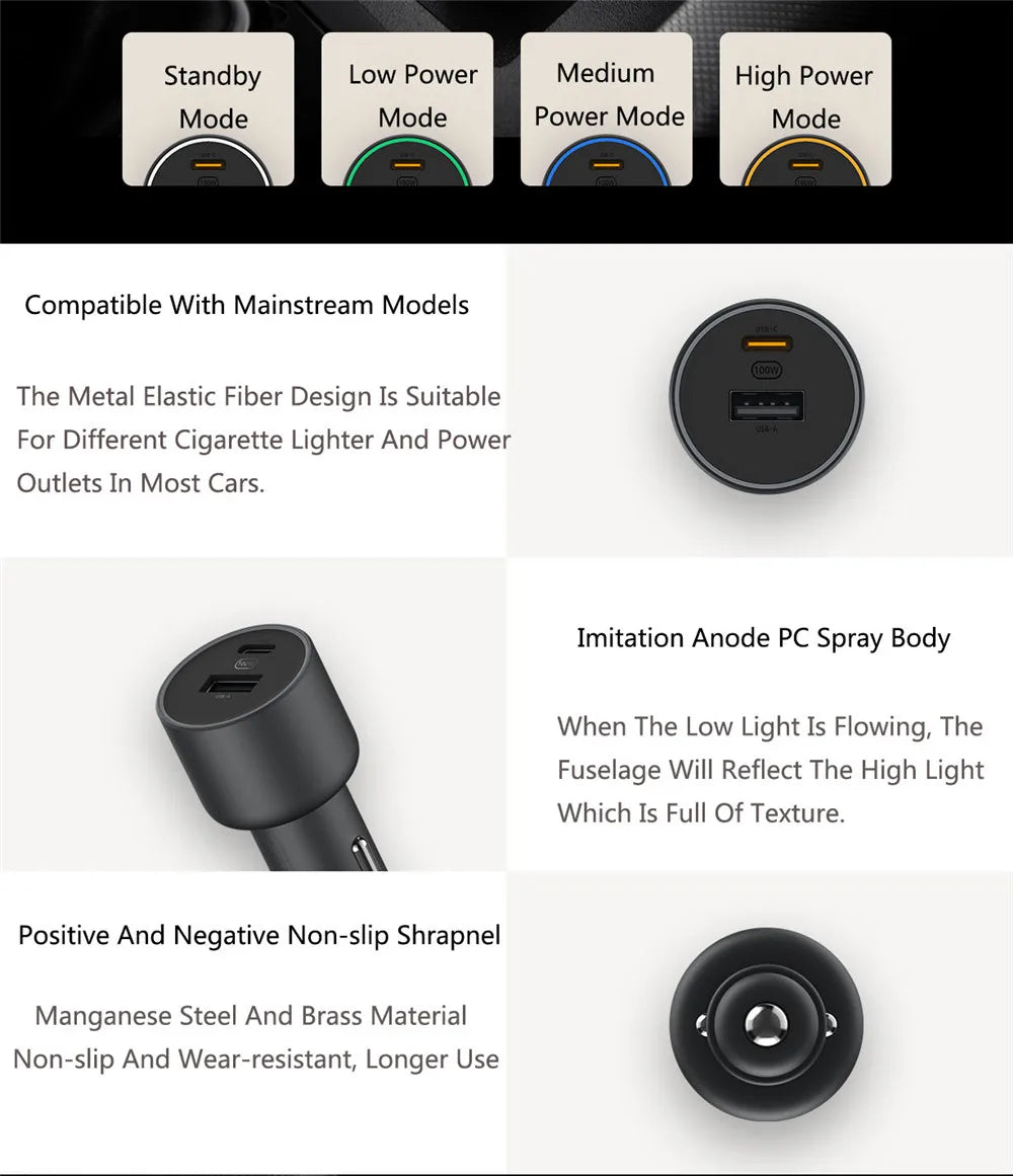 Xiaomi Mi Car Charger 100W  MAX 1A1C Fast Charging Dual-port USB-A USB-C Smart Device Fully Compatible With Light Effect Display