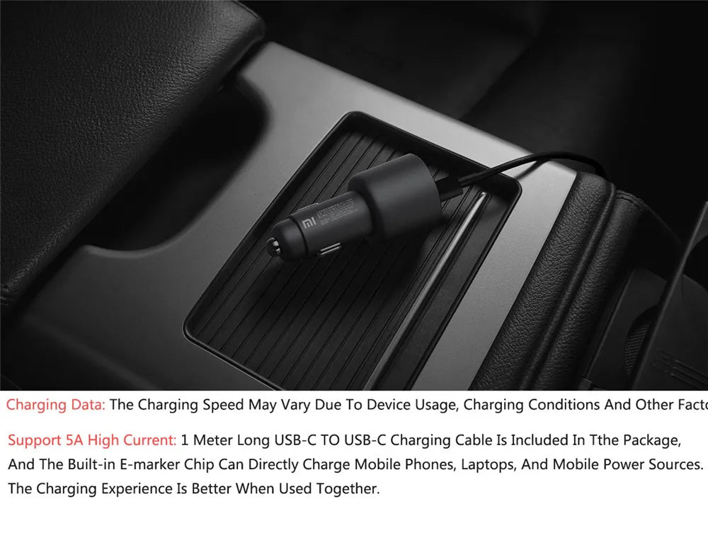 Xiaomi Mi Car Charger 100W  MAX 1A1C Fast Charging Dual-port USB-A USB-C Smart Device Fully Compatible With Light Effect Display