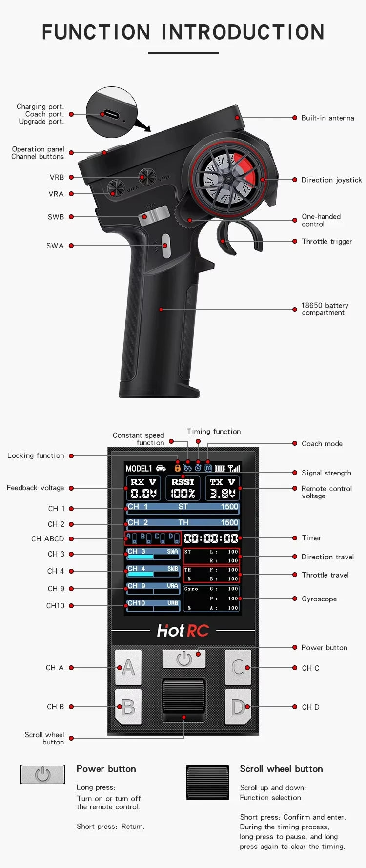 HotRC-Remote Control CT-10B 10-Channels, 2.4GHz Transmitter Controller for Climbing, Drifting Vehicle, RC Cars, Aircraft,