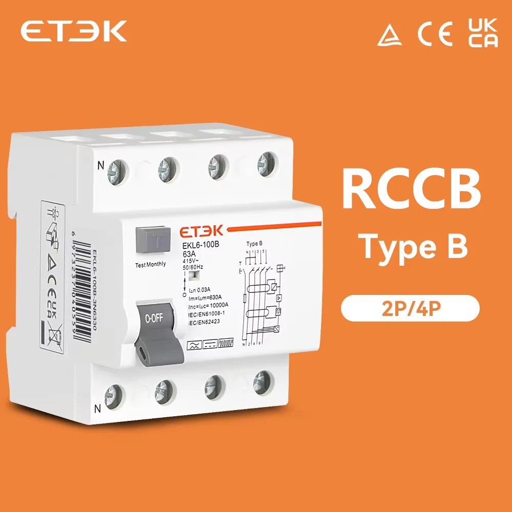 ETEK RCD RCCB Type B Earth Leakage Residual Current Circuit Breaker Evse 2P 4P 40a 63a 100a 30ma 300mA EKL6-100B Din Rail 220V