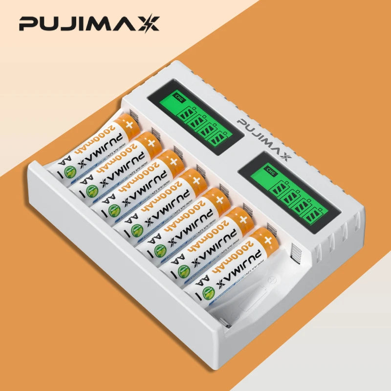 PUJIMAX 8 Slots Smart Battery Charger For 1.2V AA/AAA Ni-MH Rechargeable Batteries Independent Charging Battery Charger