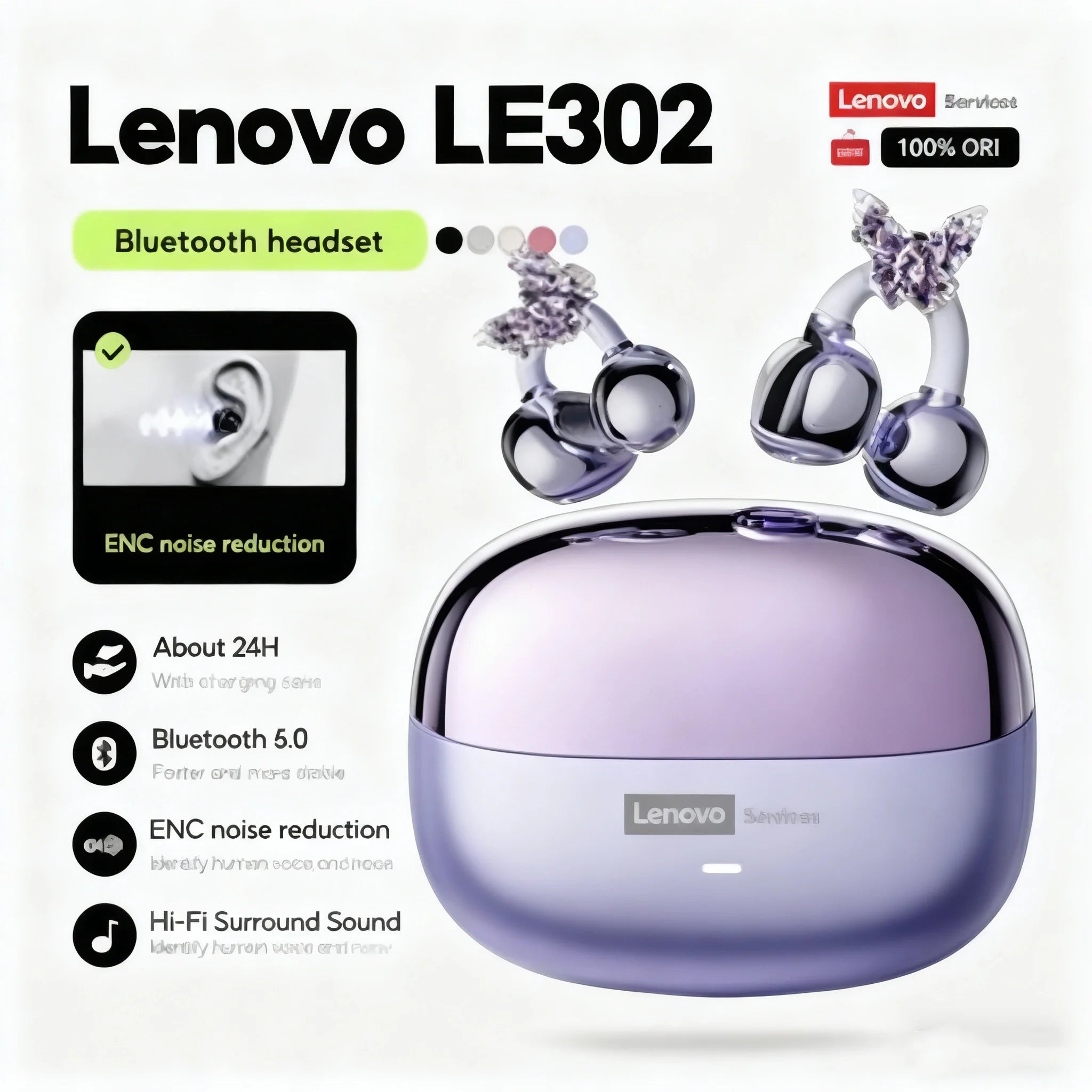 Lenovo LE302 TWS Ear Clip Earbuds | Bluetooth 6.0, HIFI Sound, Low Latency, Touch Control, Long Battery Life with Mic