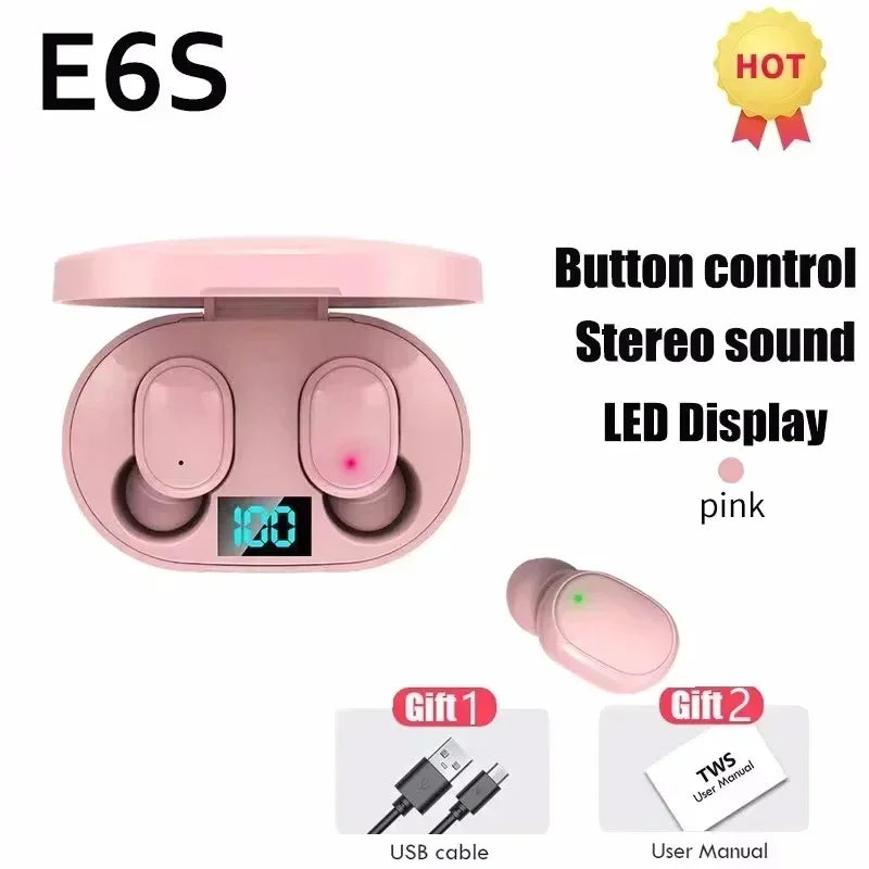 TWS Wireless Headphones Bluetooth Earphones E6S Wireless Bluetooth Headset Waterproof Noise Cancelling LED Earbuds with Mic