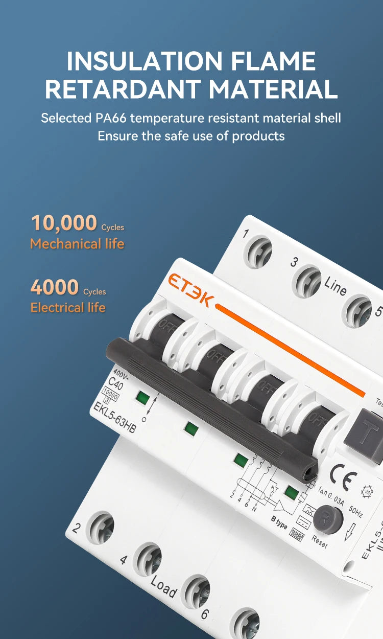 ETEK B Type 230V 1P+N 3P+N  Residual Current Circuit Breaker With Over And Short Current  Leakage Protection C curve RCBO EKL5