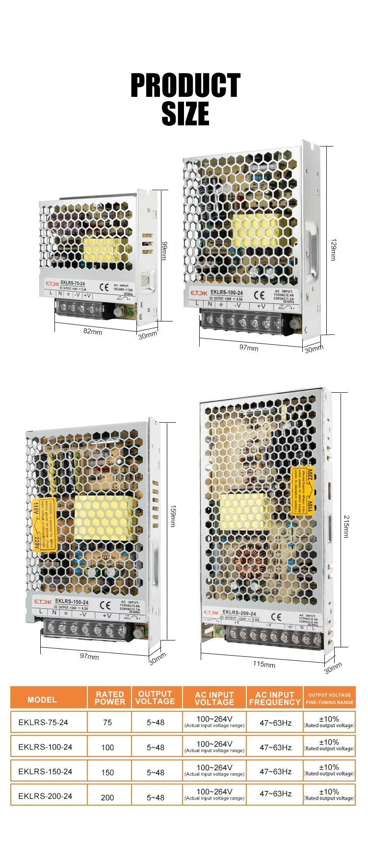 ETEK Lighting Transformer AC110V-220V to DC 24V Power Supply Adapter 75W 100W 150W 200W  For LED Strips EKLRS
