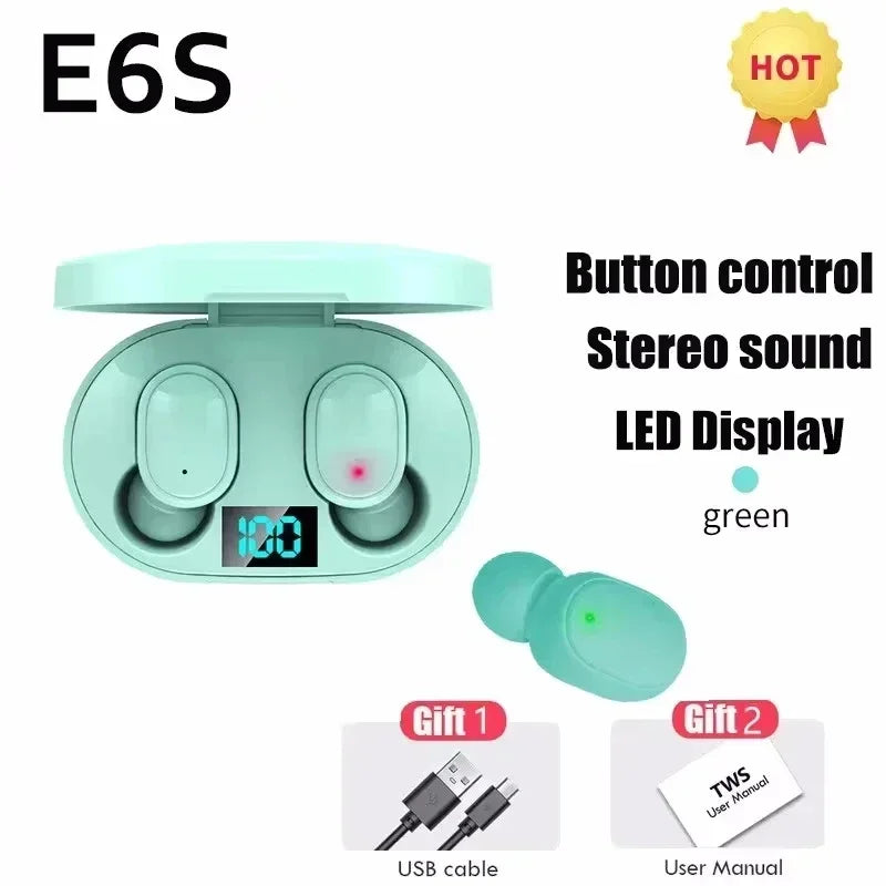 TWS Wireless Headphones Bluetooth Earphones E6S Wireless Bluetooth Headset Waterproof Noise Cancelling LED Earbuds with Mic