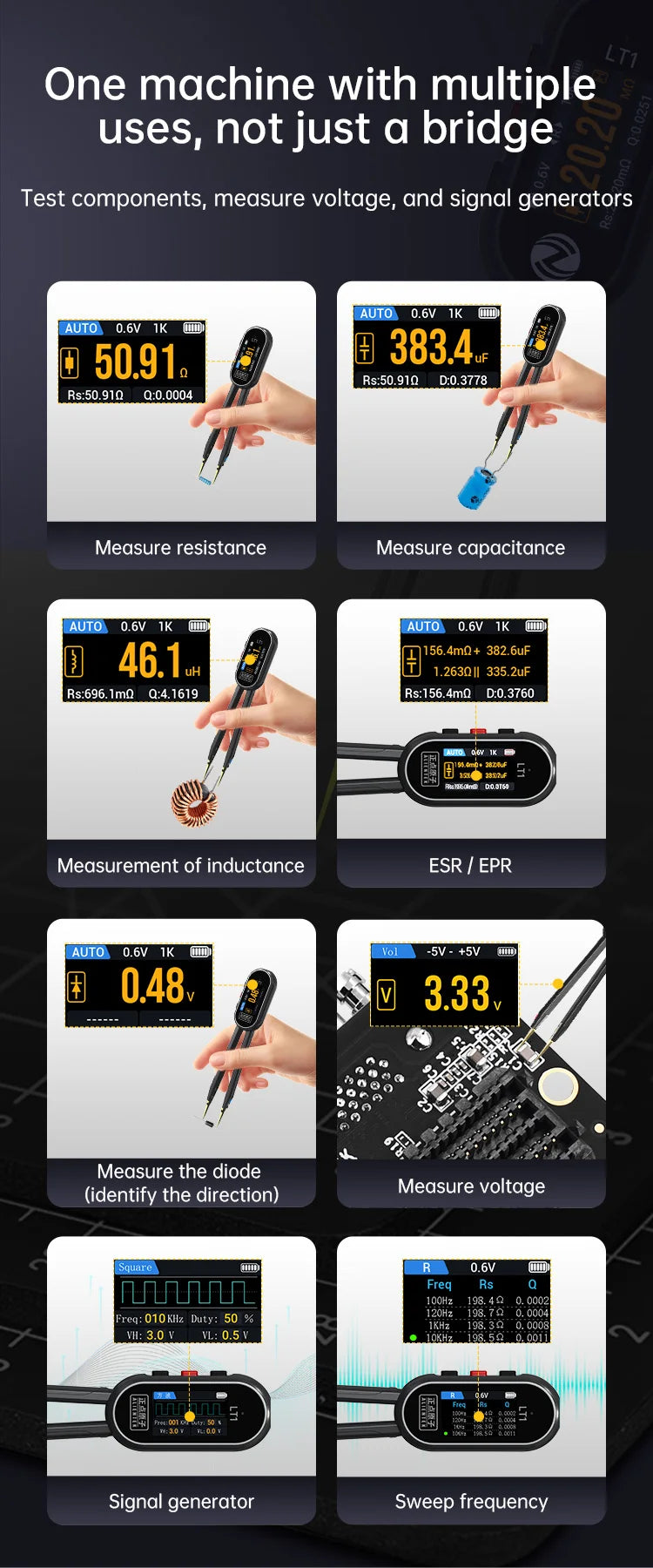 ALIENTEK LT1 Mini Smart Tweezer LCR Tester ERP ESR Tester Digital Resistance Capacitance Inductance Continuity Diode Test Tool