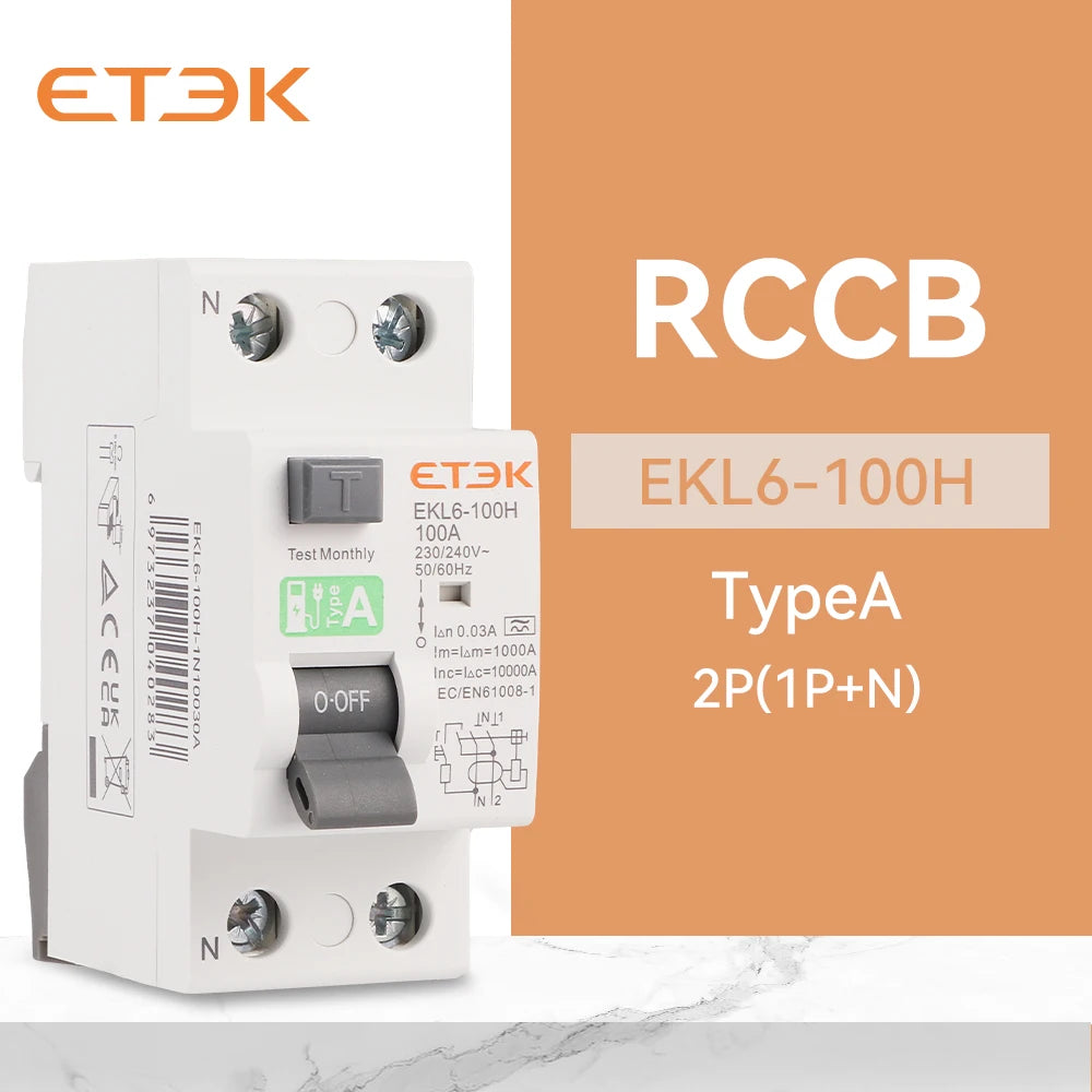 ETEK RCD RCCB Type A Electromechanic Residual Current Circuit Breaker A type 2Pole 10KA 25A 40A 63A 80A 100A 230V 30ma EKL6-100H