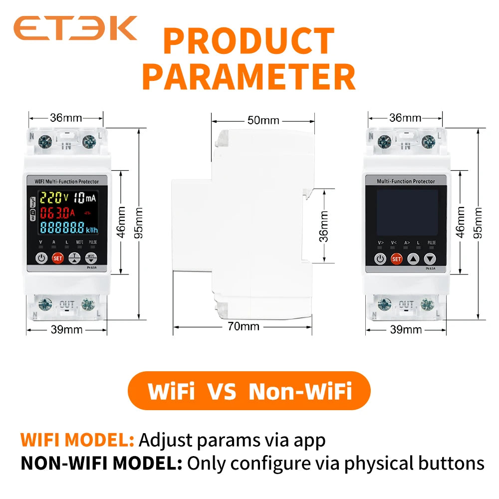 ETEK Smart Kwh Metering Circuit Breaker Adjustable 2P 63A 110V 220V with voltage Current and leakage protection Meter EKVAPS