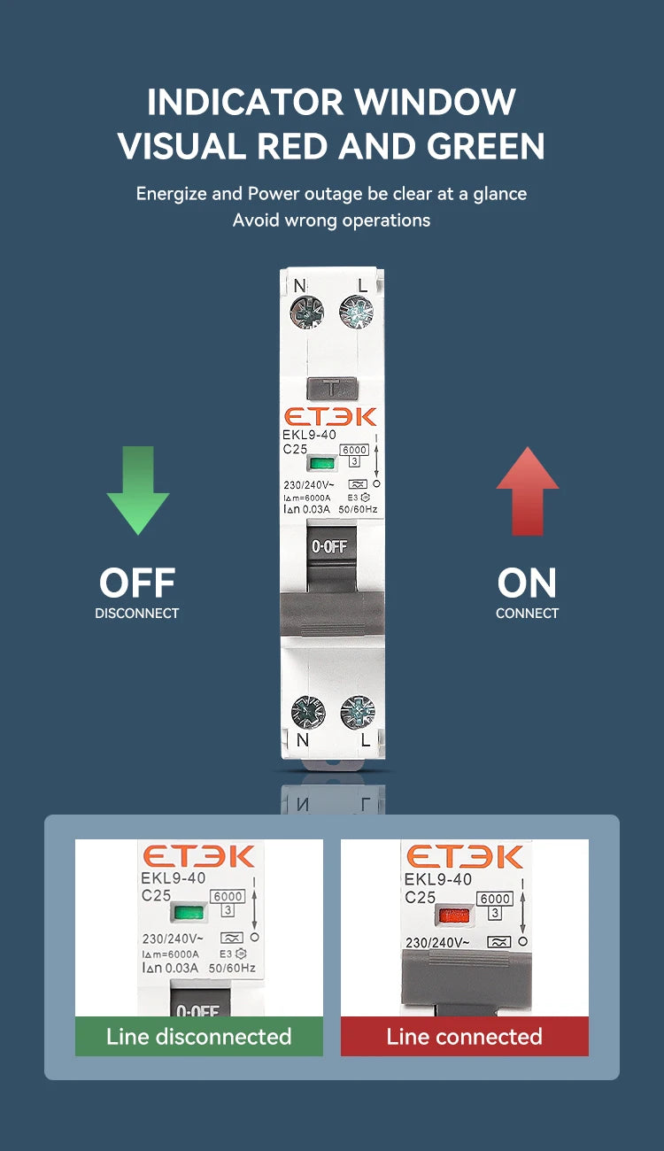 ETEK A Type Residual Automatic Circuit Breaker 6KA 1P+N 2P 18mm RCBO Max 40A 30mA C Curve EKL19