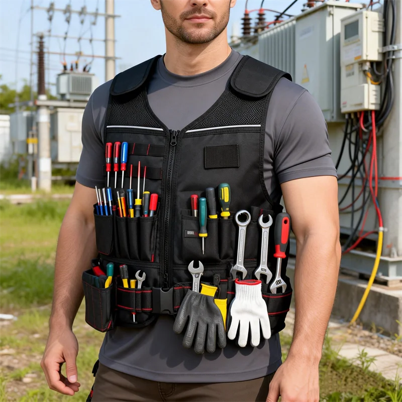 TOOLHUWEI Workwear Tool Vest Safety Work Vest with Multi-pockets Toolkit Pouch Heavy Construction Vest for Electrician Carpenter