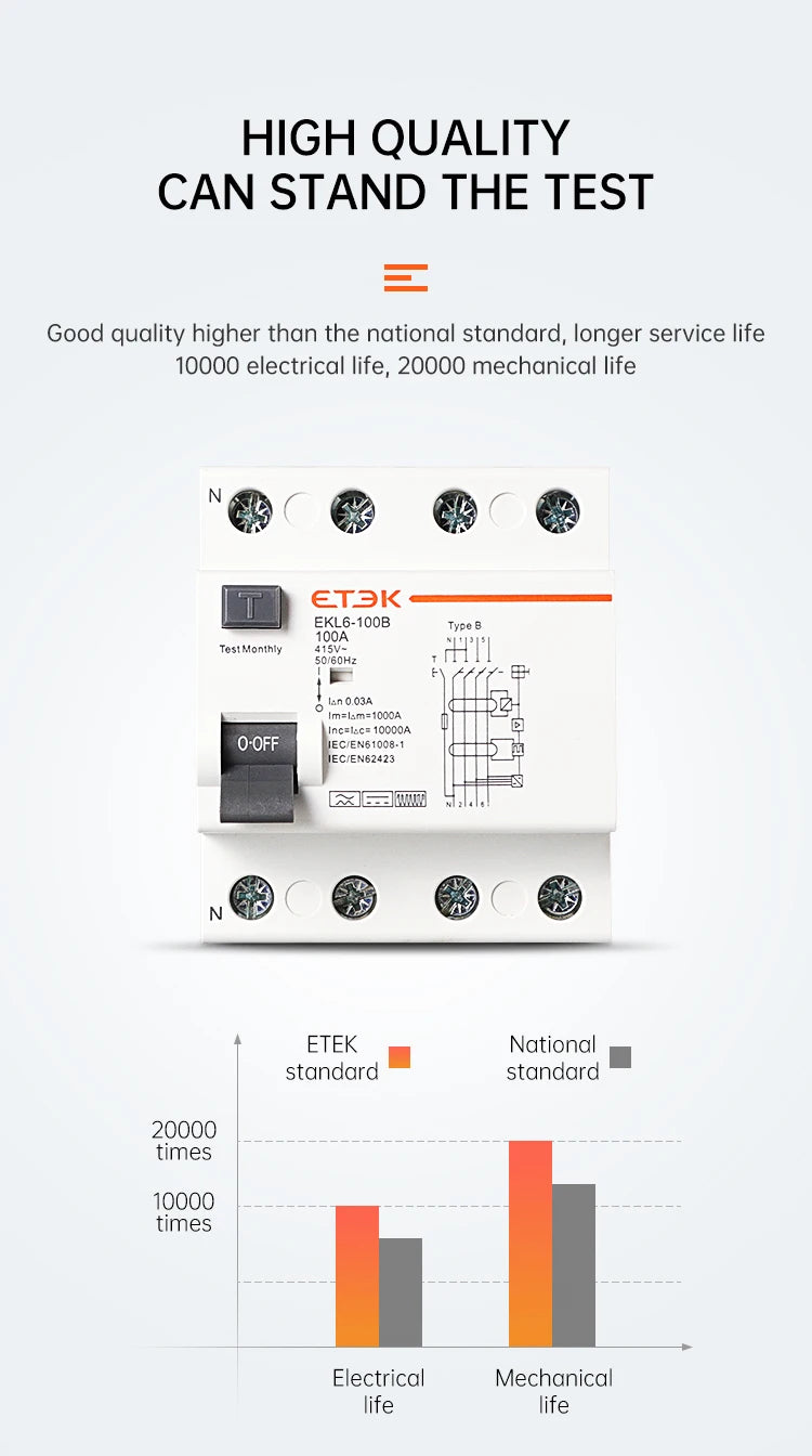ETEK RCD RCCB Type B Earth Leakage Residual Current Circuit Breaker Evse 2P 4P 40a 63a 100a 30ma 300mA EKL6-100B Din Rail 220V