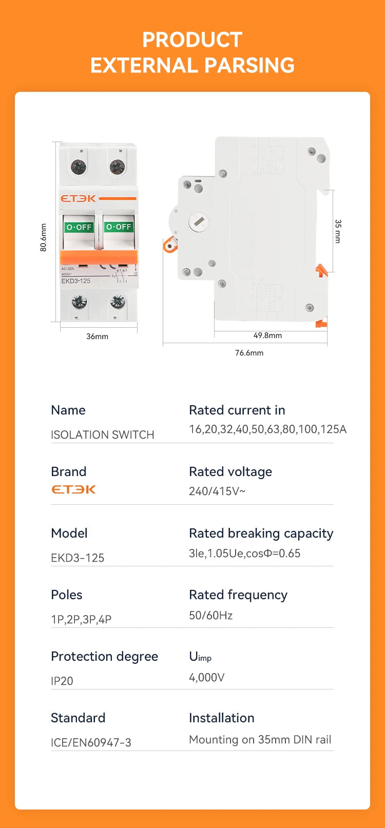 ETEK  Isolater Switch AC 125A Low Voltage 50Hz 1,2,3,4 pole 240/415V High Current Electrical Isolation Switch EKD3