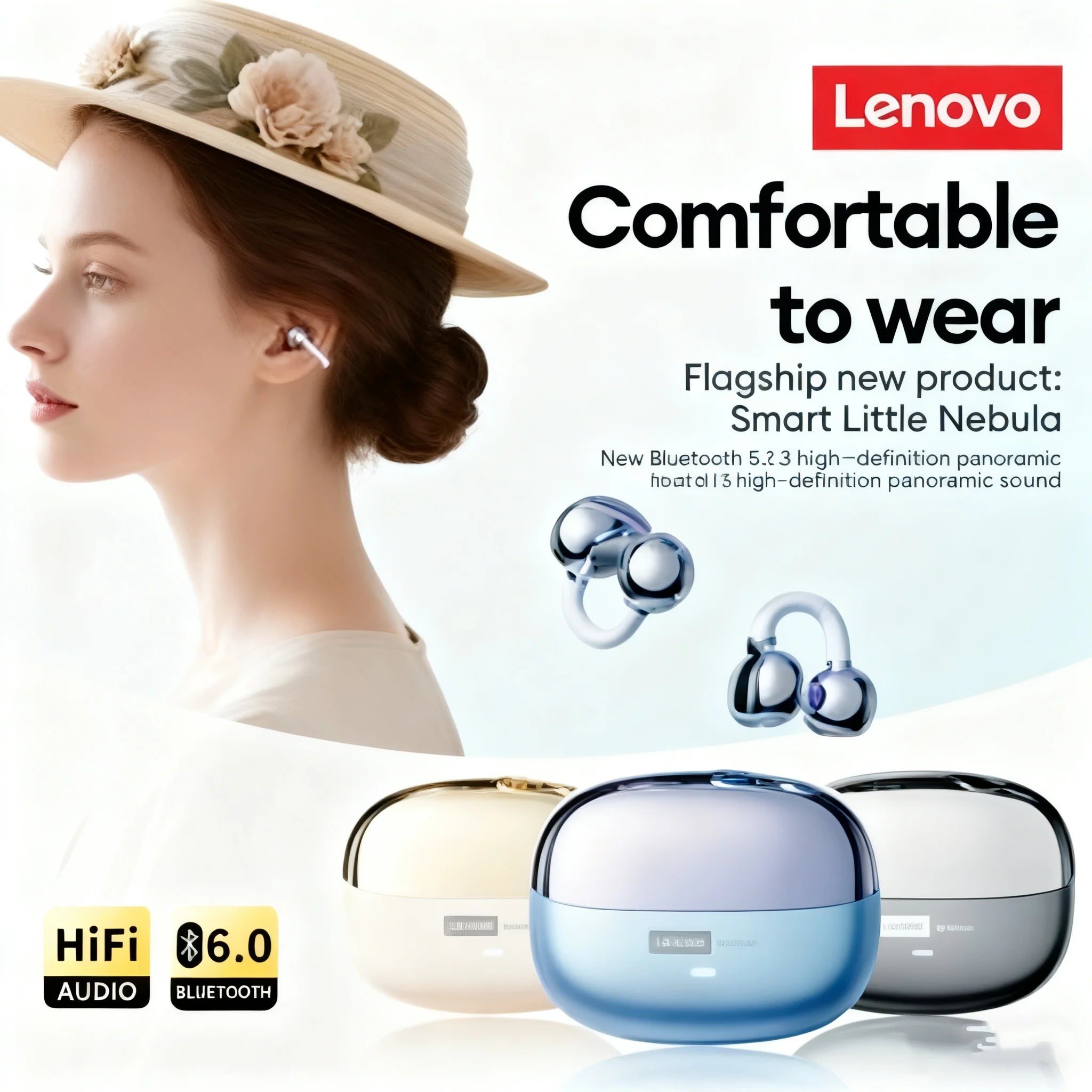 Lenovo LE302 TWS Ear Clip Earbuds | Bluetooth 6.0, HIFI Sound, Low Latency, Touch Control, Long Battery Life with Mic