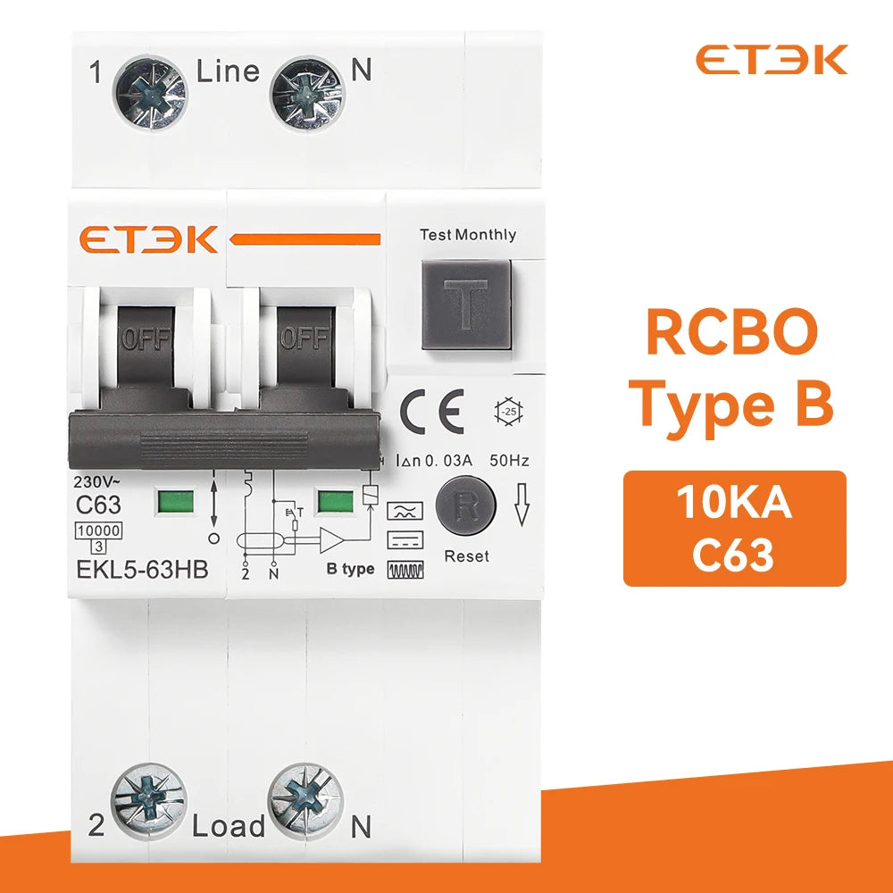 ETEK B Type 230V 1P+N 3P+N  Residual Current Circuit Breaker With Over And Short Current  Leakage Protection C curve RCBO EKL5
