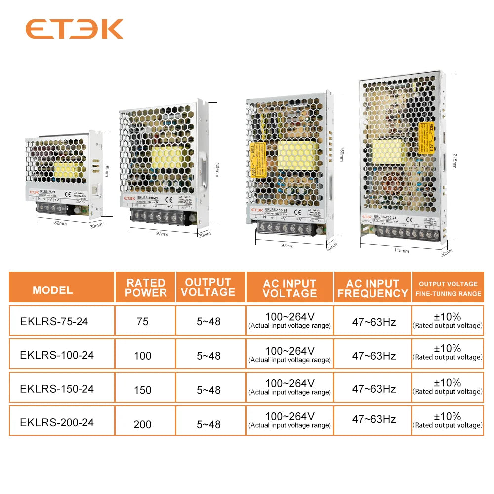 ETEK Lighting Transformer AC110V-220V to DC 24V Power Supply Adapter 75W 100W 150W 200W  For LED Strips EKLRS