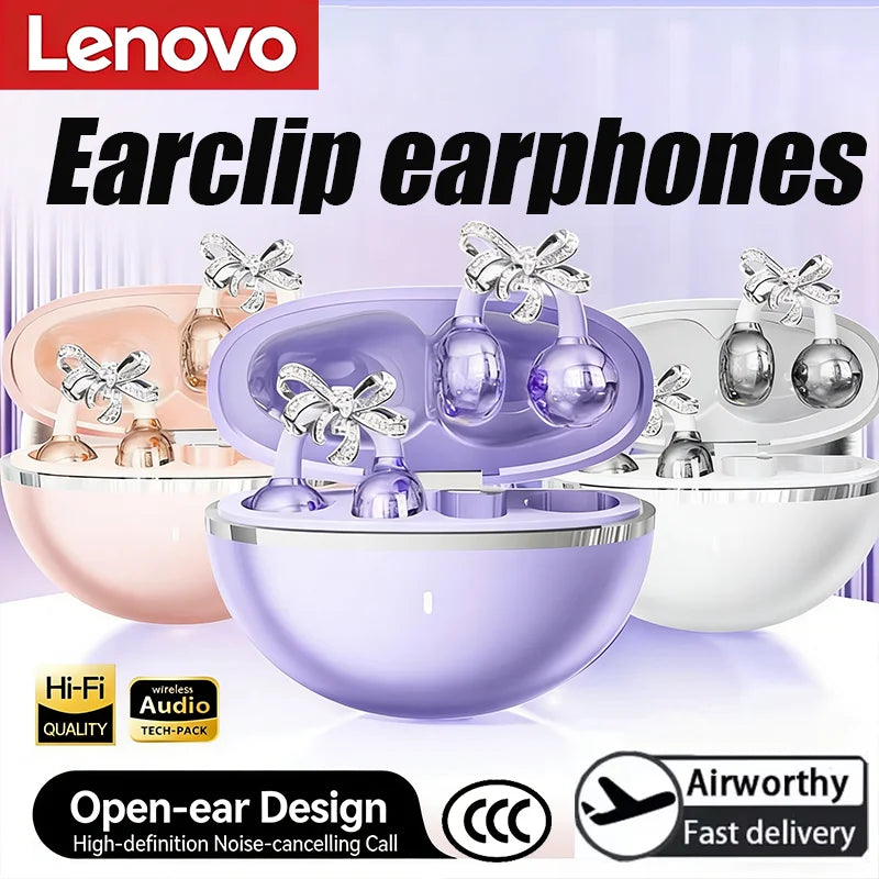 Lenovo Clip-on Earbuds Wireless Bluetooth For Sports Fitness Open Ear Headphones with Detachable Crystal Bowknot Earrings NEW
