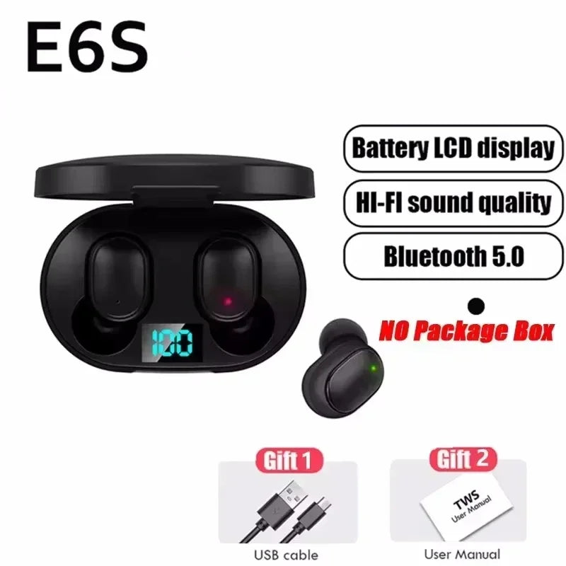 TWS Wireless Headphones Bluetooth Earphones E6S Wireless Bluetooth Headset Waterproof Noise Cancelling LED Earbuds with Mic