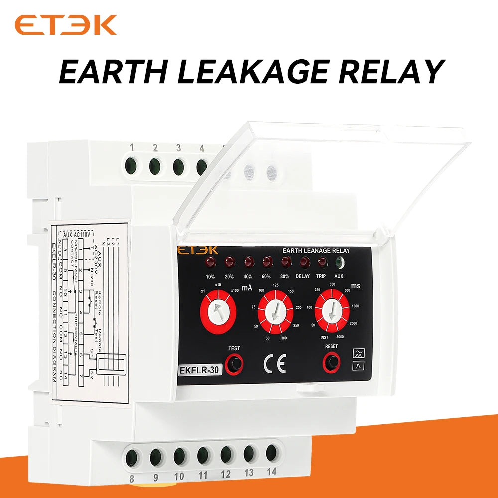 ETEK Earth Leakage Relay Adjustable Current Fault Protection AC Delay 30mA 30A 230V EKELR-30
