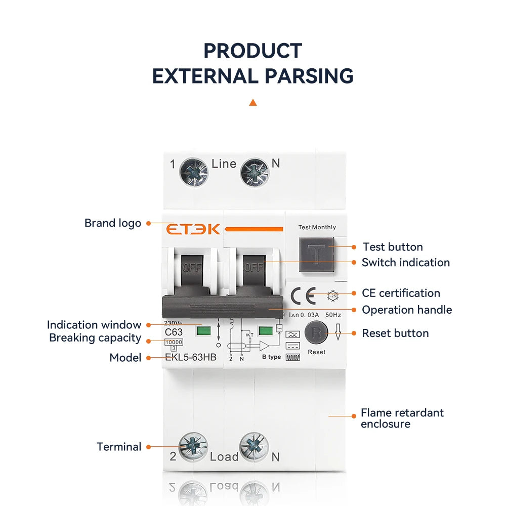 ETEK B Type 230V 1P+N 3P+N  Residual Current Circuit Breaker With Over And Short Current  Leakage Protection C curve RCBO EKL5