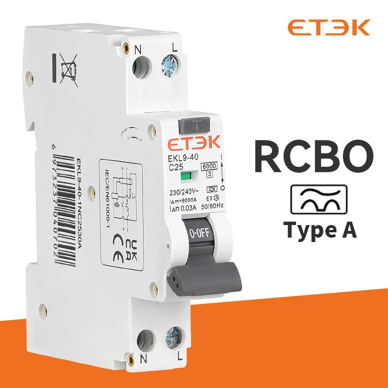 ETEK 6KA 1P+N 2P 10A 16A Curve B 30mA RCBO Type A Intrinsic Safety Residual Current Automatic Circuit Breaker  EKL9-40
