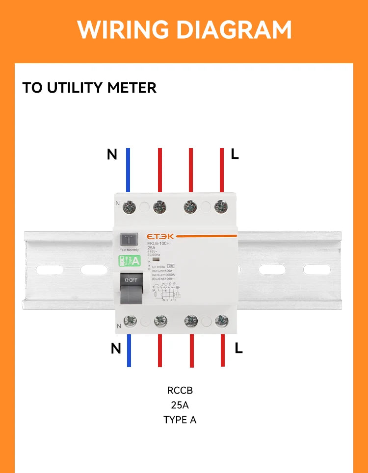 ETEK Type A RCD RCCB Electromechanic Residual Current Circuit Breaker 30ma 2 Pole10KA 3P+N 4P 40A DC 230V EKL6-100H