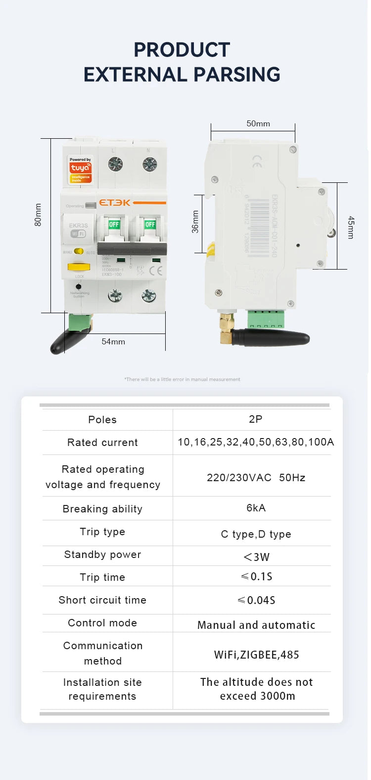 ETEK Tuya WIFI Smart Circuit Breaker MCB Smart Life Remote Control Short Circuit Protection Timed 2P 16A 25A 32A 40A 63A EKR3