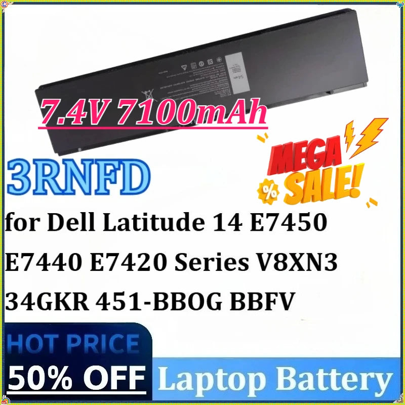 New 3RNFD 7.4V 7100mAh 54Wh High-Capacity Laptop Battery for Dell Latitude 14 E7450 E7440 E7420 Series 34GKR V8XN3451-BBOG BBFV