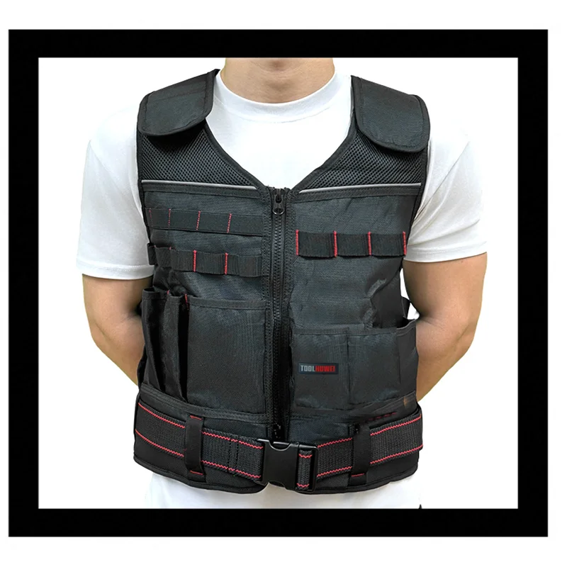 TOOLHUWEI Workwear Tool Vest Safety Work Vest with Multi-pockets Toolkit Pouch Heavy Construction Vest for Electrician Carpenter