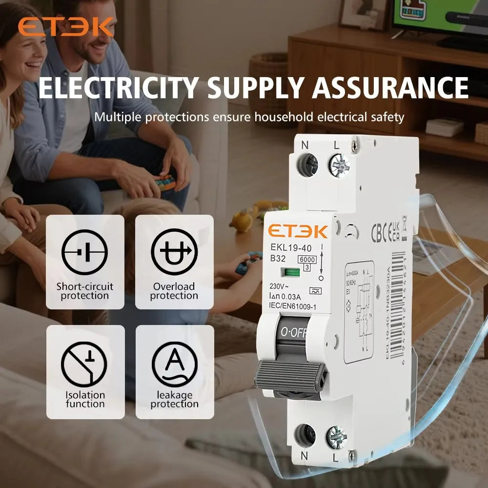 ETEK A Type Residual Automatic Circuit Breaker 6KA 1P+N 2P 18mm RCBO Max 40A 30mA C Curve EKL19