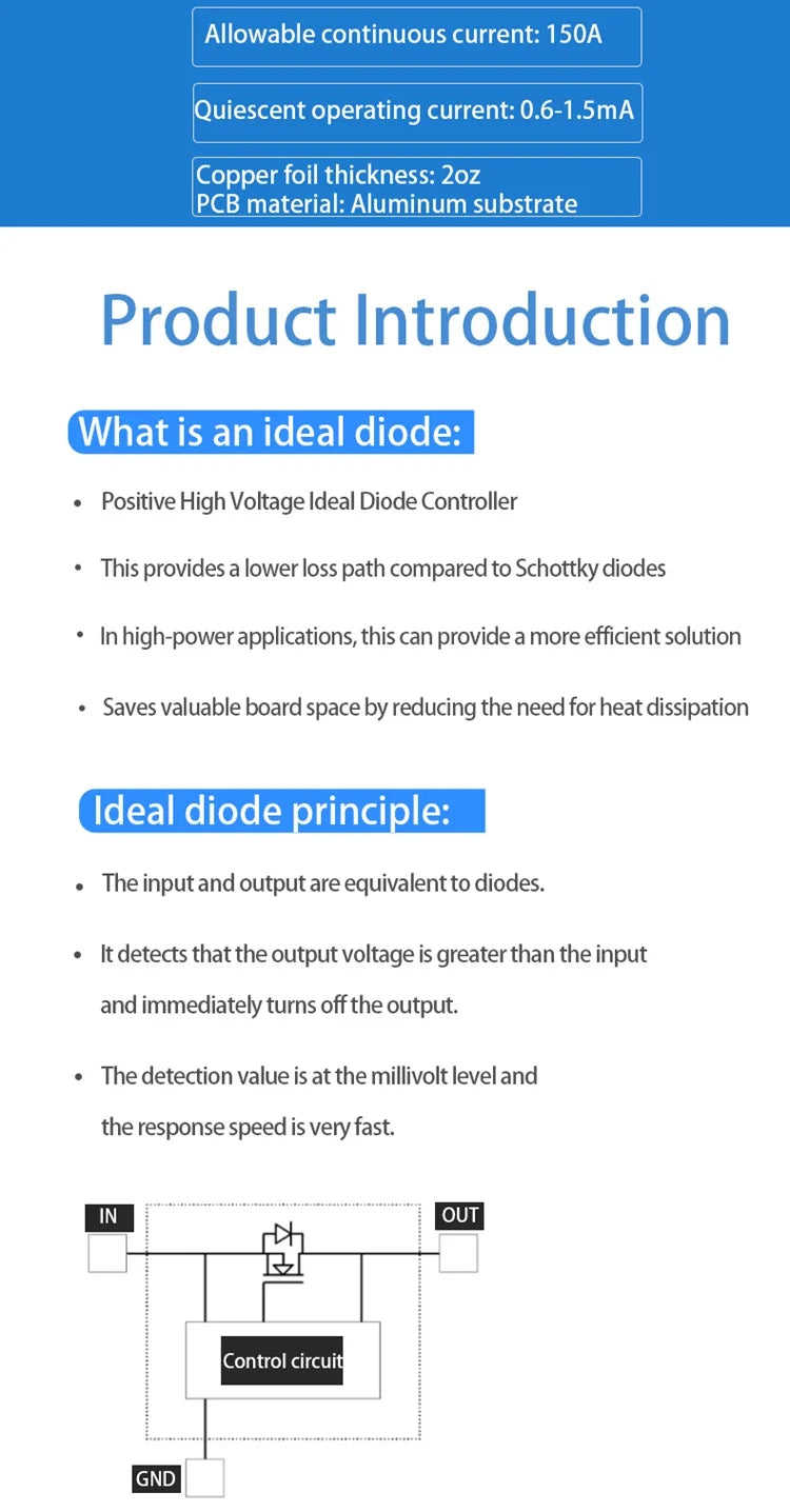 Enerkey Ideal Diode 100V 150V 200V 150A High Current Photovoltaic Solar Base Station Industrial Control Redundancy Switching