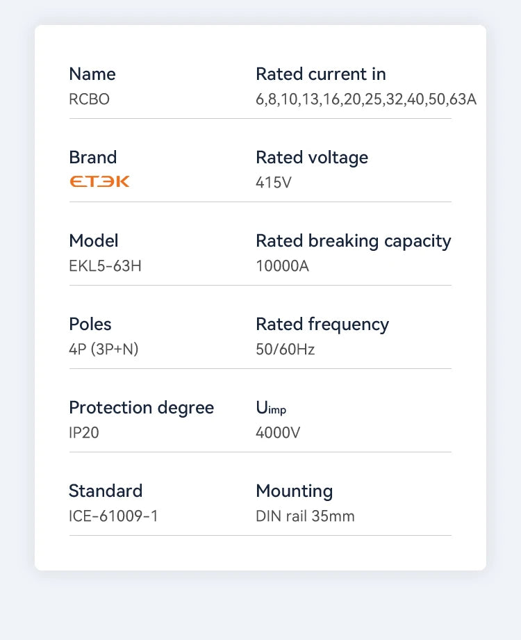 ETEK B Type 230V 1P+N 3P+N  Residual Current Circuit Breaker With Over And Short Current  Leakage Protection C curve RCBO EKL5