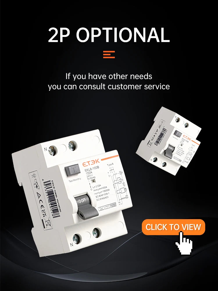 ETEK RCD RCCB Type B Earth Leakage Residual Current Circuit Breaker Evse 2P 4P 40a 63a 100a 30ma 300mA EKL6-100B Din Rail 220V