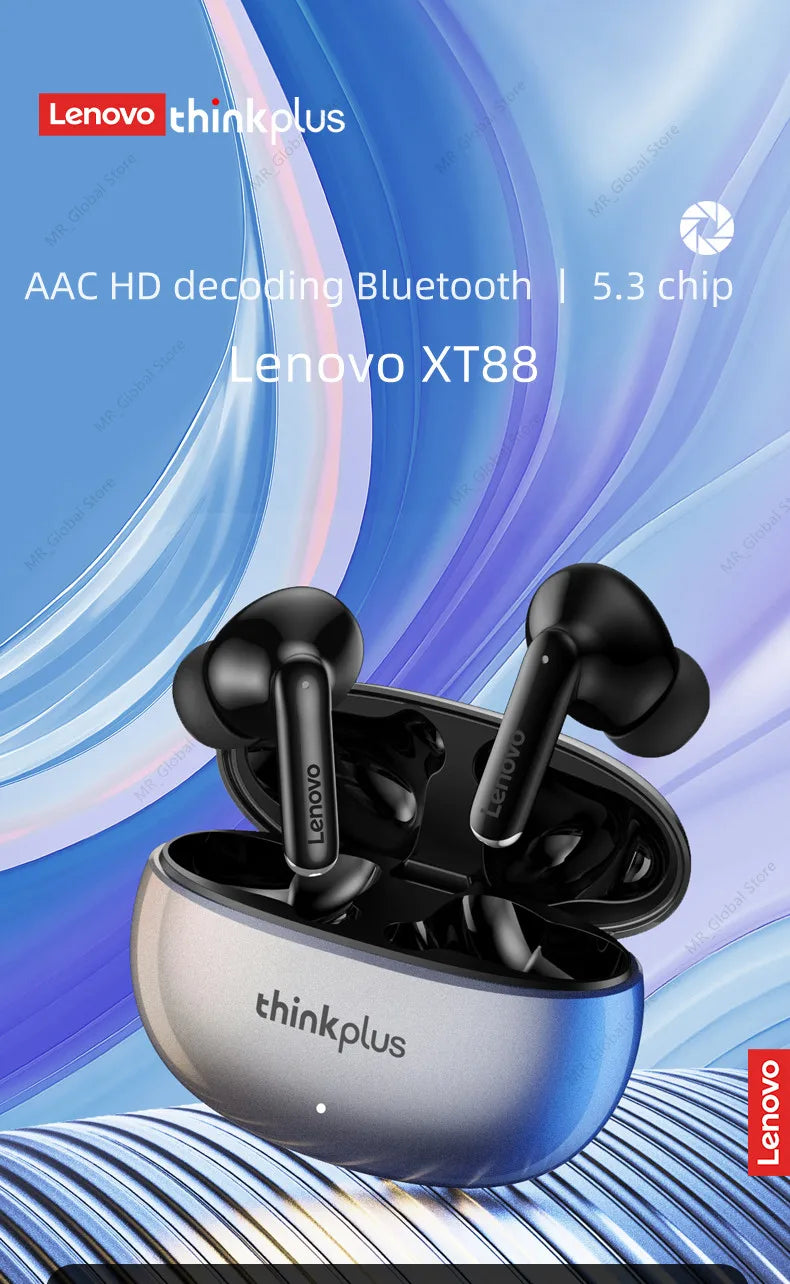 NEW Original Lenovo XT88 TWS Wireless Earphone Bluetooth 5.3 Dual Stereo Noise Reduction Bass Touch Control Long Standby 250mAH