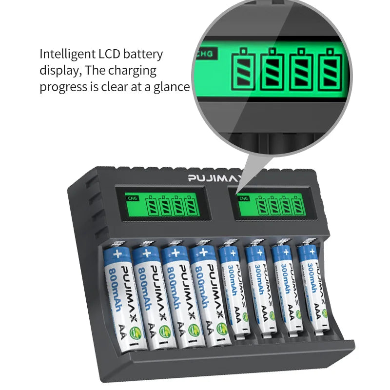 PUJIMAX 8 Slots Smart Battery Charger For 1.2V AA/AAA Ni-MH Rechargeable Batteries Independent Charging Battery Charger
