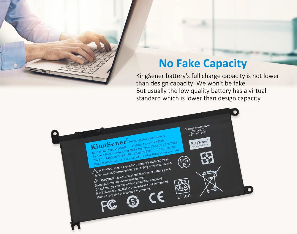 KingSener WDXOR Laptop Battery For DELL Inspiron 14 5368 5567 7560 5767 7472 7460-d1525s 7368 7378 5565 Latitude 3488 3580 WDX0R