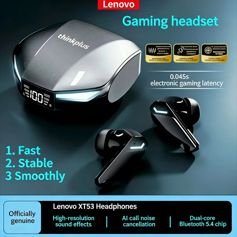 2026 New Lenovo XT53 Bluetooth 5.4 Earphones LED Power Display Gaming Headphones Waterproof Anti-sweat Upgraded Wireless Earbud