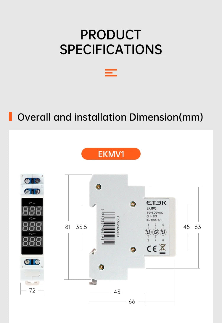 ETEK Modular Three Phase Voltage Meter Ac 220v 230v 380v 80-500V Din Rail Voltage Meter Indicator LED Display Detector EKMV3