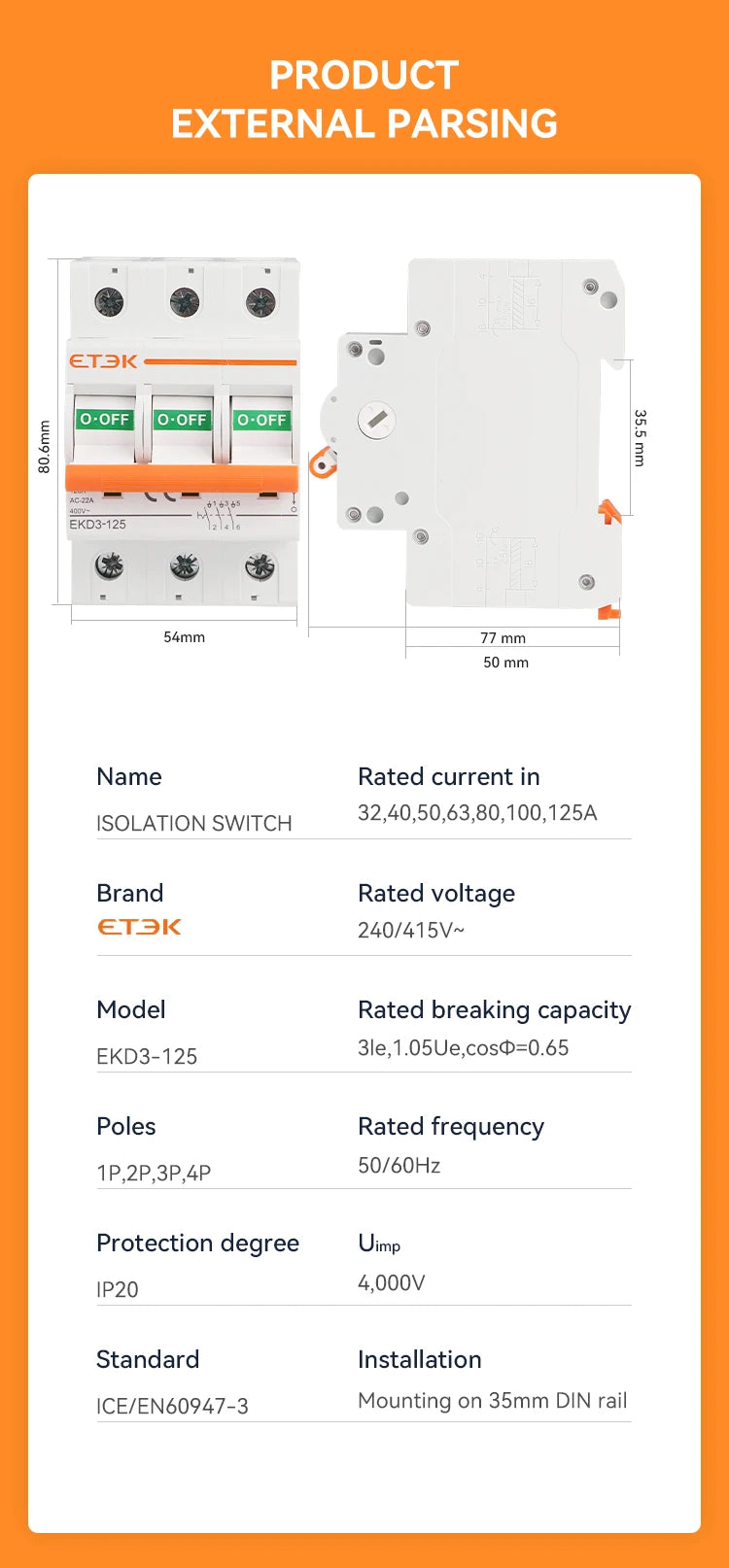 ETEK  Isolater Switch AC 125A Low Voltage 50Hz 1,2,3,4 pole 240/415V High Current Electrical Isolation Switch EKD3