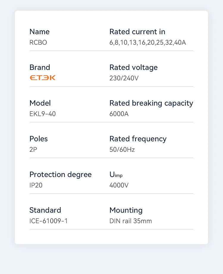 ETEK  A Type RCBO 2Pole 18mm Residual Automatic Circuit Breaker DPN With Over Current Leakage Protection 30mA EKL19