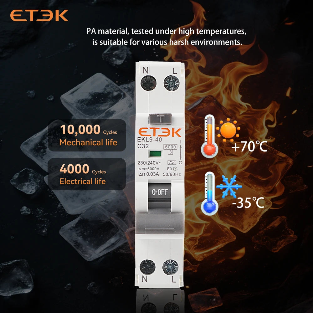 ETEK 6KA 1P+N 2P 10A 16A Curve B 30mA RCBO Type A Intrinsic Safety Residual Current Automatic Circuit Breaker  EKL9-40