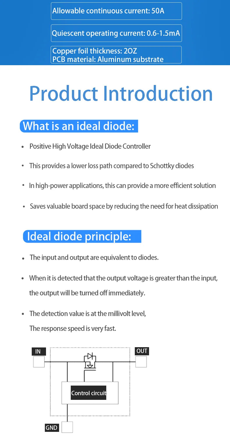 Enerkey Ideal Diode 1.5mR 40V 80V 50A Sufficient Current Photovoltaic Solar Base Station Industrial Control Redundancy Switching