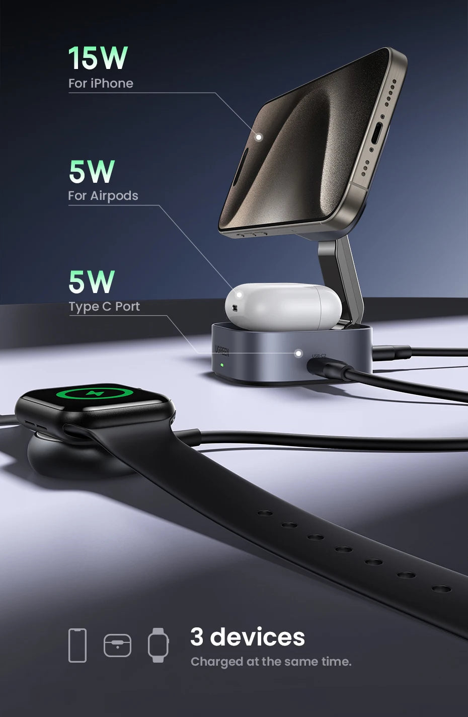 UGREEN Qi2/Qi Magnetic Wireless Charger Stand 15W 2-in-1 Charging Stand For iPhone 16 17 Pro Max/AirPods MagSafe Fast Charger