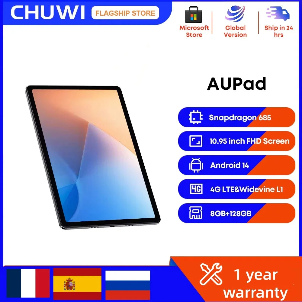 CHUWI Tablet AuPad Android 14 Tablets 10.95" FHD+2K Display Snapdragon 685 8GB RAM 128GB ROM 13MP AF Rear 7000mAh 18W 4G LTE Tab