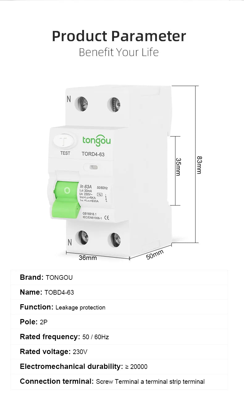 AC Type RCCB Electromagnetic Residual Current Circuit Breaker AC ELCB 2 Pole 16A 25A 40A 63A RCD 30mA TONGOU