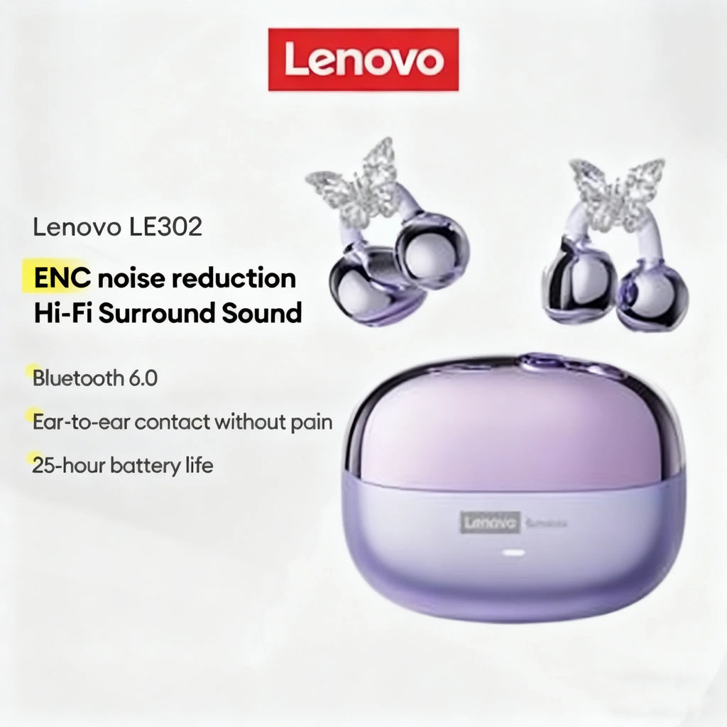 Lenovo LE302 TWS Ear Clip Earbuds | Bluetooth 6.0, HIFI Sound, Low Latency, Touch Control, Long Battery Life with Mic